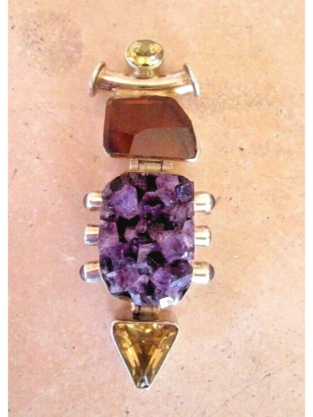 Large Sterling Pendant Citrine Smoky Topaz Rough Amethyst